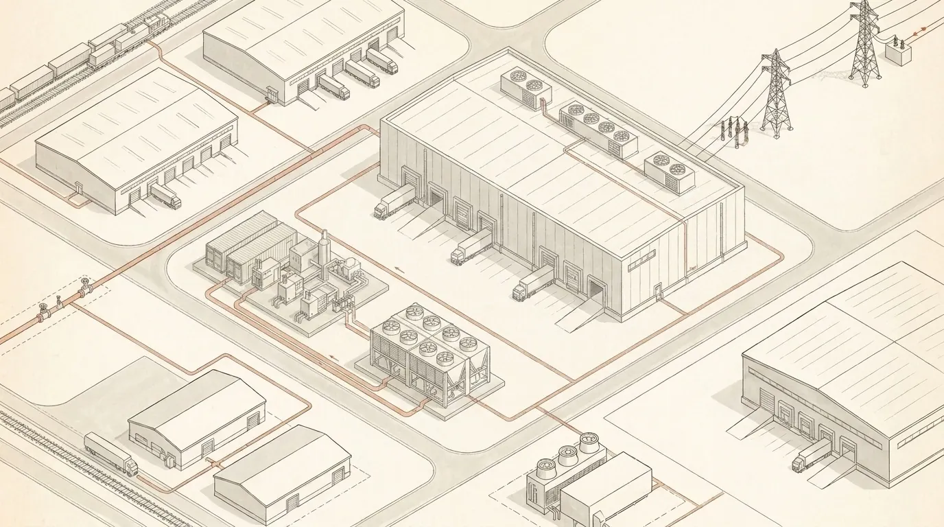 Isometric cold storage warehouse with CHP heat recovery, chiller loop, gas line and energy routing