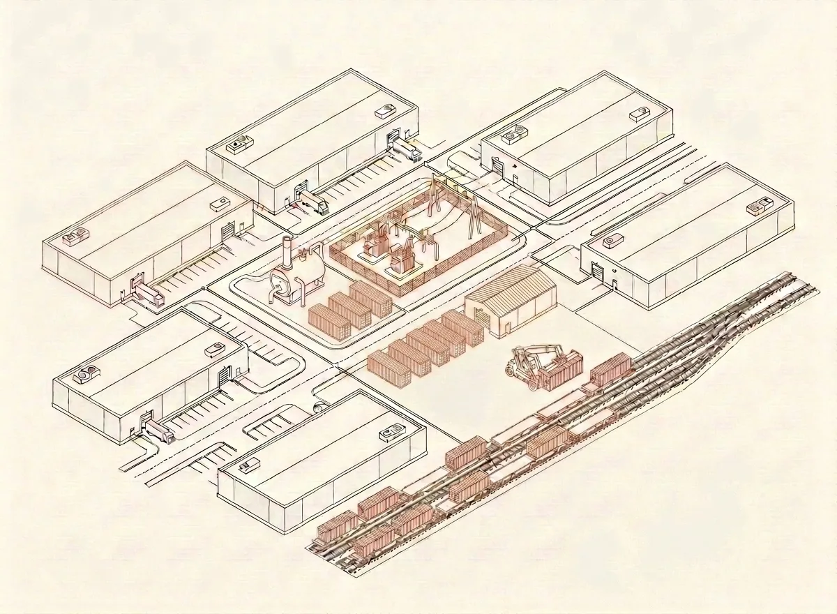Isometric blueprint of the Horonda Park masterplan: build-to-suit warehouses and internal roads, a central energy node with a substation, steam boiler and a BESS-style container row, a highlighted resident unit, and a rail siding where a reach-stacker loads a container flatcar
