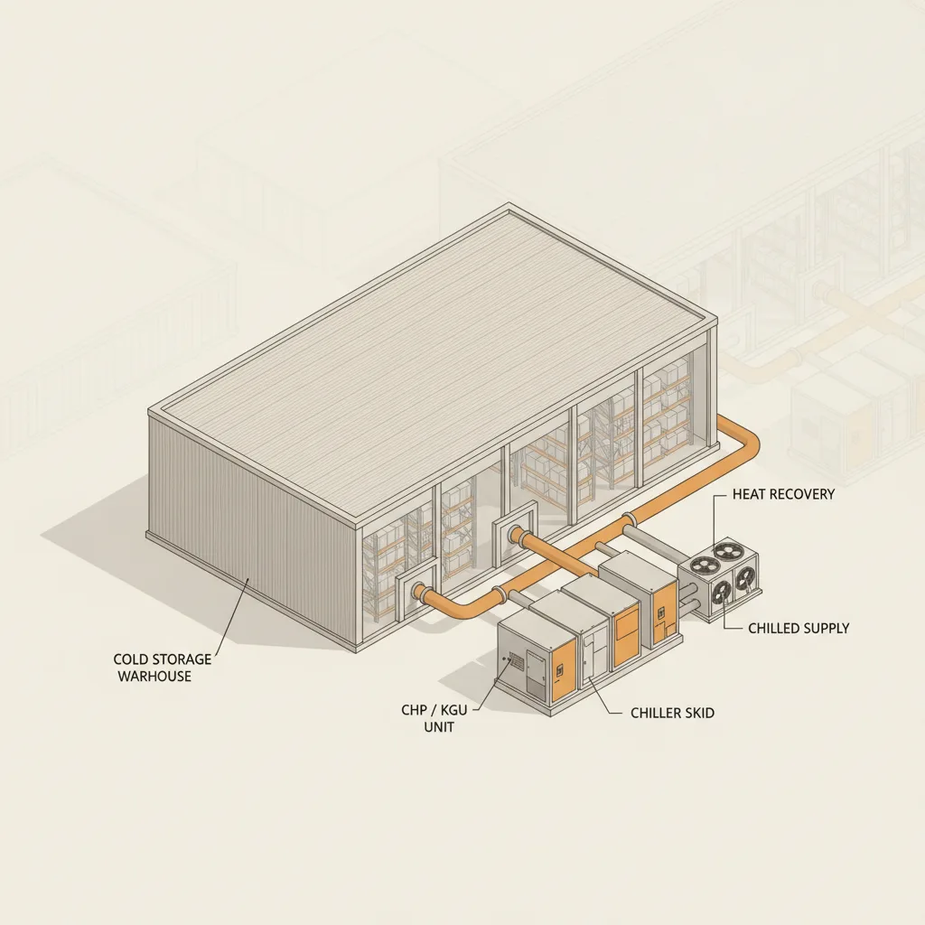 Isometric blueprint cutaway: a cold-storage warehouse with racking and a side CHP+chiller energy unit feeding heat and cold through a pipe loop