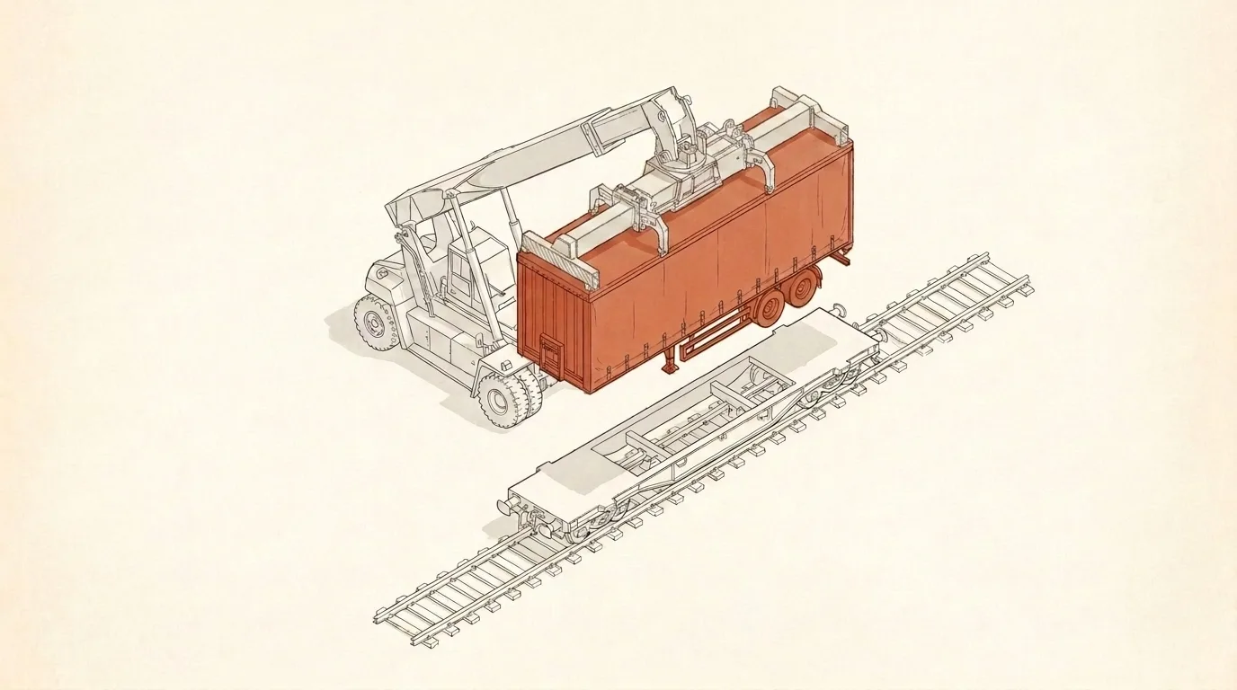 Isometric blueprint: a reach-stacker lifting a curtain-side semi-trailer onto a low-floor rail wagon, contrailer (RoLa) handling